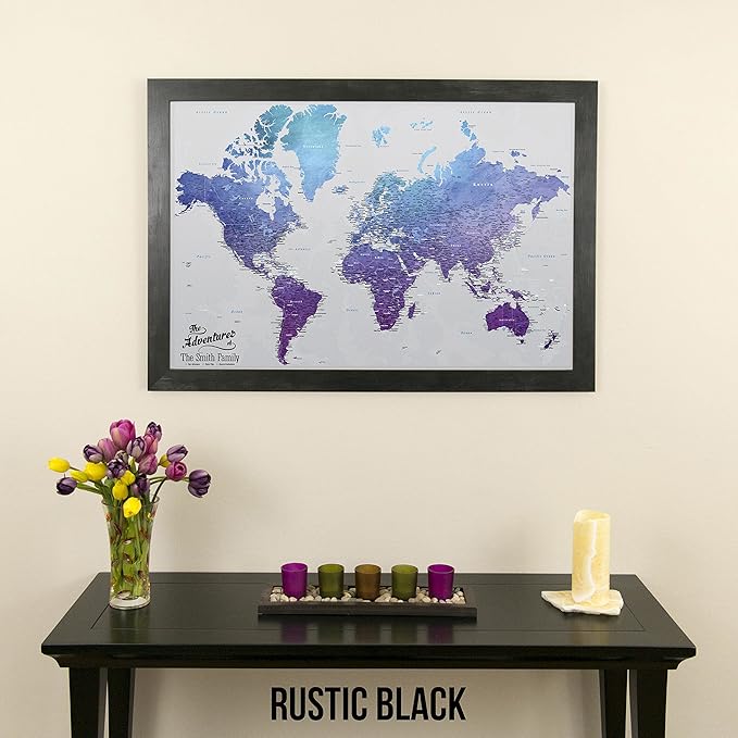 Canvas - Personalized Vibrant Violet World Push Pin Travel Map with Rustic Black Frame