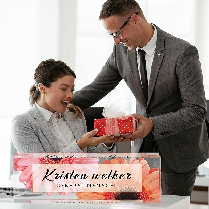 Desk Name Plate Personalized, Custom Name Plates for Desks, Office Desk Decor, Sunflowers Clear Acrylic Glass Block, Personalized Office Gifts for Women Men Boss Teachers Coworkers Appreciation Gifts