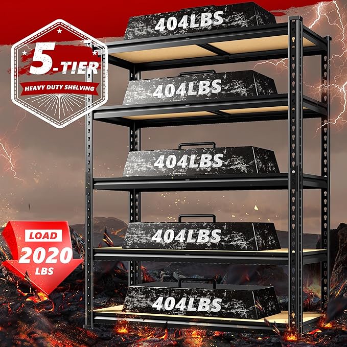 REIBII 2020LBS Garage Shelving Heavy Duty 5 Tier Storage Shelves Adjustable Garage Shelves, Utility Rack Shelf, Shelving Units for Storage Warehouse Pantry Closet, 35.5" W x 11.9" D x 72" H, 2 Pack