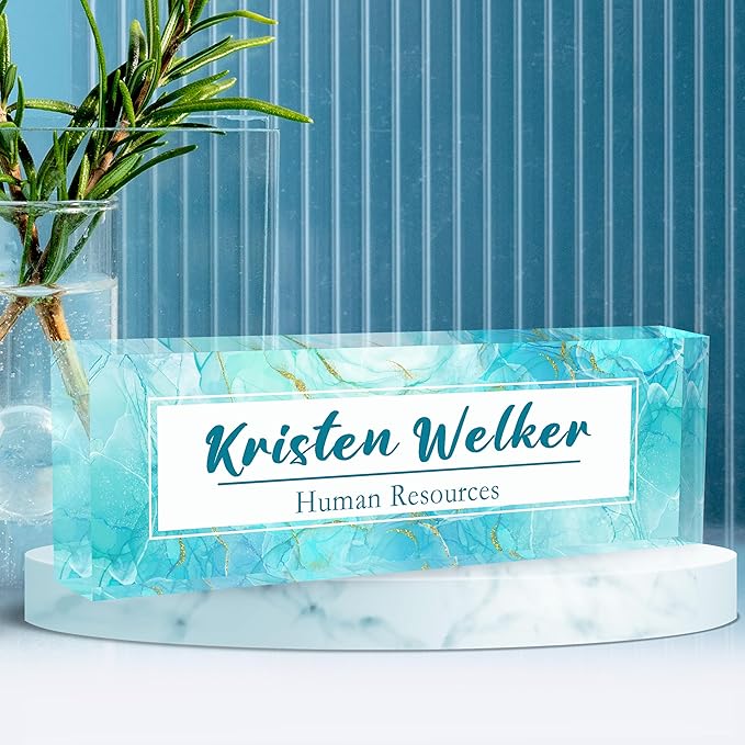 Desk Name Plate Personalized, Premium Gradient Blue Marble Acrylic Desk Name Plate, Personalized Name Plate for Desk, Office Decor for Women or Men Coworkers, Boss, Employee, Teacher