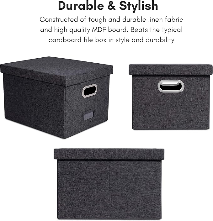 Internet's Best Collapsible File Storage Organizer with Lid - Decorative Linen Filing & Storage Office Box – Hanging Letter/Legal Folder – Home Office Bins Cabinet – Charcoal Container - 6 Pack