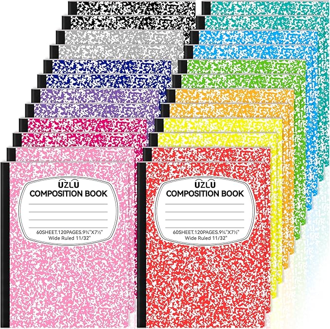 24 Pack Large Composition Notebooks Bulk 9.75 x 7.5 in Wide Ruled Composition Books 12 Color Assorted Marble Journal Notebook 60 Sheets per Book for Aldult Student College Office Back to School Supplies