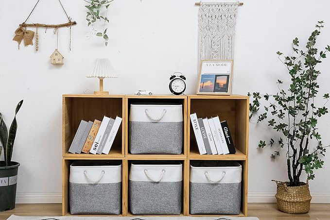 13 x 13 Inch Cube Storage Bins, 4 Pack Large Collapsible Fabric Storage Bin with Ropes, Foldable Storage Cubes for Home, Office,Closet, Clothes, Toys Organizer (White & Grey)