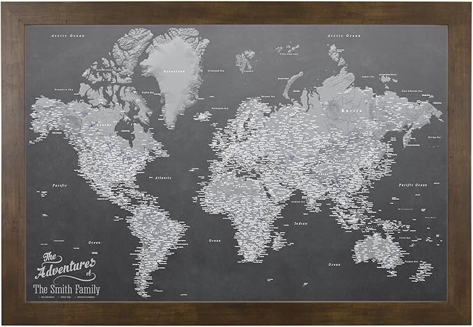 Push Pin Travel Maps Canvas - Personalized Stormy Dreams World with Rustic Brown Frame