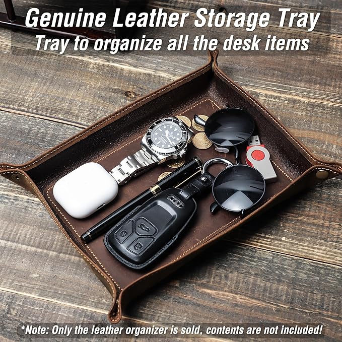 Top Grain Leather Desk Valet Tray Organizer for Man & Woman, Vintage Handmade, Foldable Flat Basket with Snap Buttons, Desk Catchall Holder for Wallet/Watches/Keys/Coins/Office Supplies, Coffee, Large