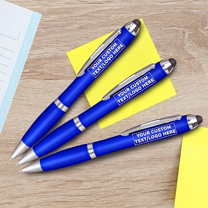 DISCOUNT PROMOS Custom Plastic Stylus Pens Set of 100, Personalized Bulk Pack - Black Ink, Great for Office, School, Business, Tradeshows, Events - Blue
