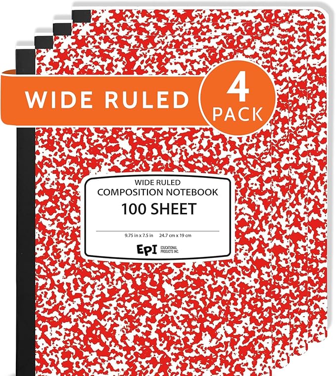 4 Pack EPI Wide Ruled Red Cover Composition Notebook, Bulk, 200 pages (100 Sheets), 9-3/4 x 7-1/2, Marble, Bulk School Supplies, Hard Cover, Durable, Office Notebooks, Sturdy Sewn Binding