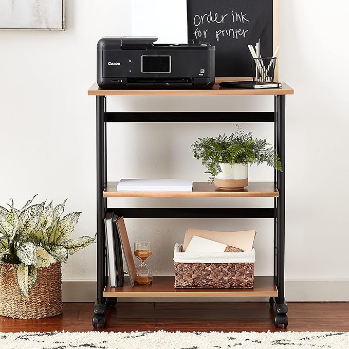 Safco Muv Adjustable Printer Stand, Medium Oak, Swivel Wheels, Two Adjustable Shelves, Medium Oak and Black, 1881MO