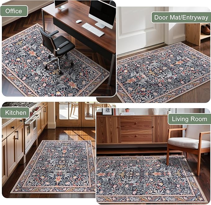 Anidaroel 36"x48" Office Chair Mat for Hardwood Floor/Tile, Anti-Slip Computer Chair Mat, Vintage Desk Floor Mats, Low Pile Floral Bird Office Rugs for Rolling Chairs, Taupe Under Desk Rug