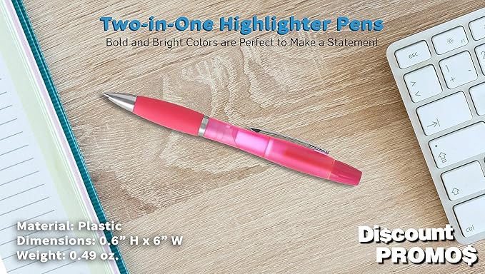 DISCOUNT PROMOS 10 Two in one Highlighter Pens Pack - Ballpoint, Silver Accents - Pink