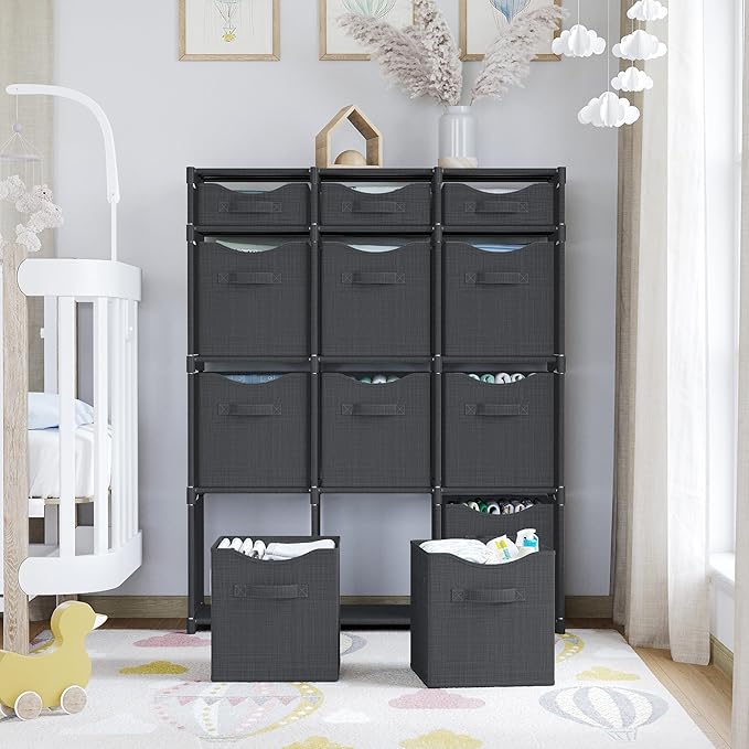 12 Cube Closet Organizers And Storage | Includes All Storage Cube Bins | Easy To Assemble Closet Storage Unit With Drawers | Room Organizer For Clothes, Baby Closet Bedroom, Playroom, Dorm (Dark Grey)