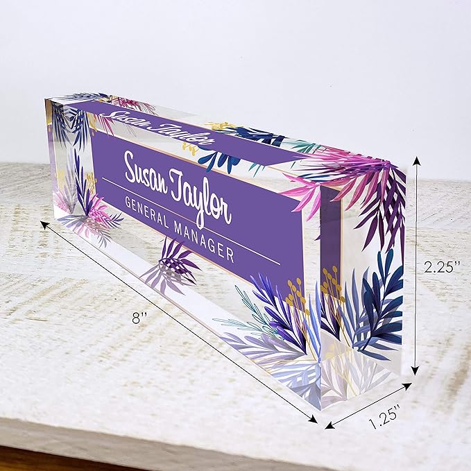 Artblox Office Desk Name Plate Personalized | Custom Name Plates for Desks | Purple Leaf Design On Clear Acrylic Glass | Office Desk Decor - (8" x 2.5")