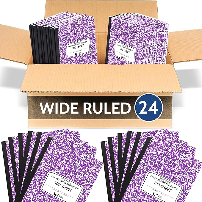 EPI 24 Pack - Purple Marble Composition Notebook - Wide Ruled 200 Page Note Book - 9.75 x 7.5 Inch Hardcover Journal with Sewn Binding for Secure Pages - Classroom Back To School Supplies