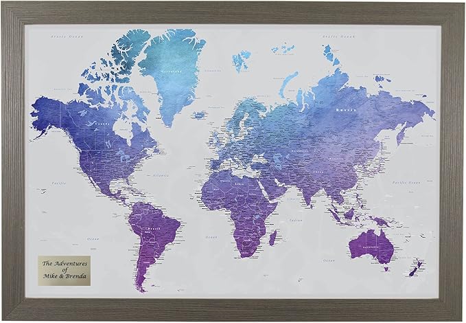 Personalized Vibrant Violet Watercolor World Travel Map with Barnwood Gray Frame
