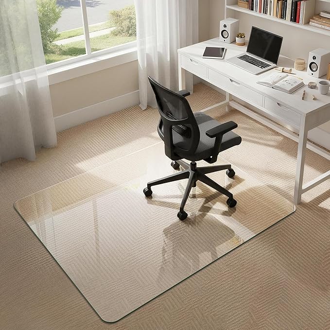 Homsion 45"x55" Tempered Glass Office Chair Mat for Carpet & Hardwood Floor, 1/5" Thick Clear Floor Protector Desk Chair Mat with Rounded and Polished Edges