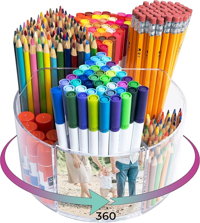 Acrylic Marker Organizer - Multipurpose 360 Rotating Holder for Pencil, Pen, Makeup Brushes, Crayon, Arts and Crafts Supplies - Clear Spinning Lazy Susan Non-Slip Organizing Caddy with Photo Slots