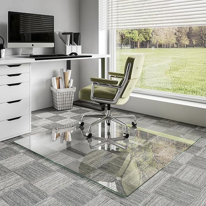 Koonmi Glass Chair Mat for Carpet, Tempered Glass 46"x46" Office Chair Mat, Glass Chair Mats with Rounded and Polished Edges, Ideal for Hardwood Floor, Carpet, Office, Desk, Rolling Chair