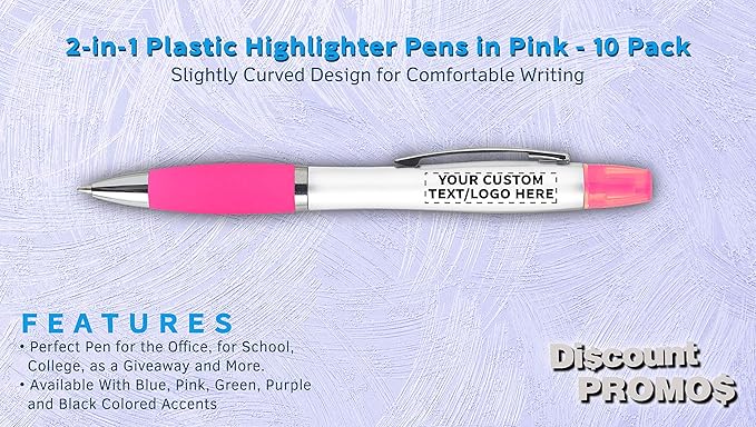 DISCOUNT PROMOS Personalized Plastic Highlighter Pens - 10 pack - Customizable Text, Logo - Pink