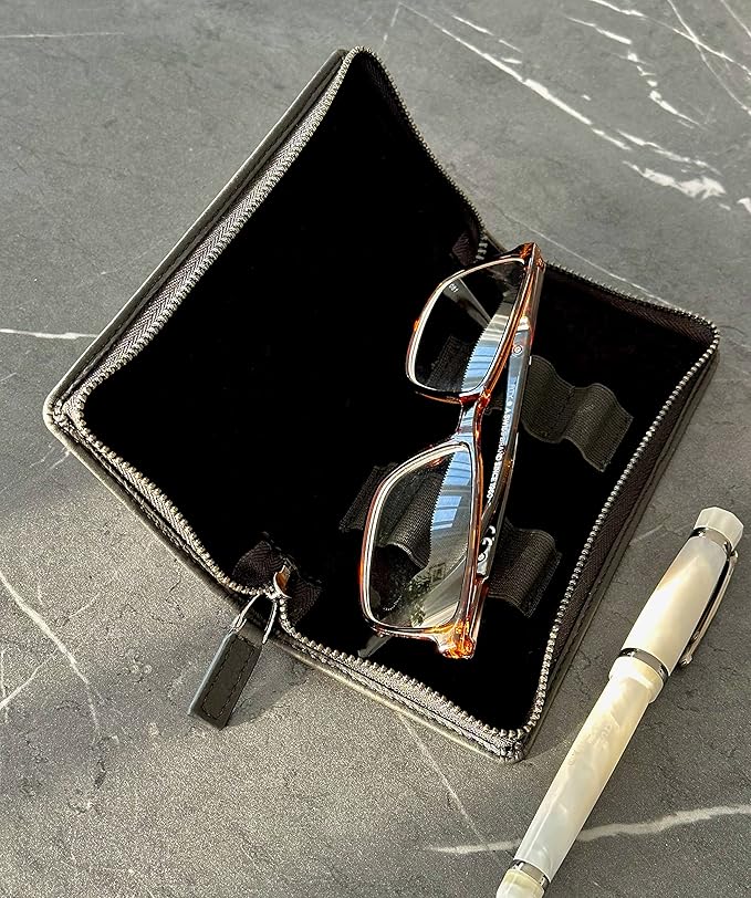 DiLoro Leather Zippered Triple or Quad Pen Case Pencil Pouch Holder for Three or Four Fountain Ballpoint Rollerball Pens or Glasses (Nappa Brown)