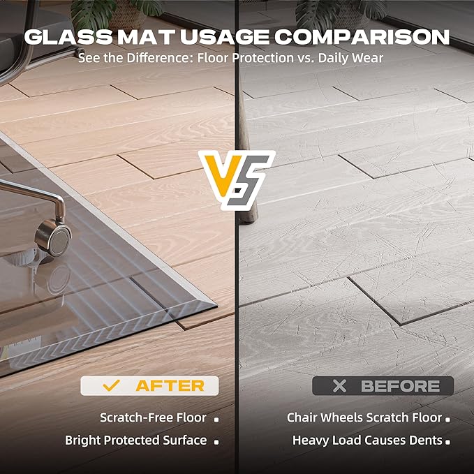 [Tempered Glass] 60“x48” Beveled Edge Glass Chair Mat with Polished Edge Clear Office Chair Mat, Glides Smoothly, Suitable for Carpet or Hardwood Floors (Grey)