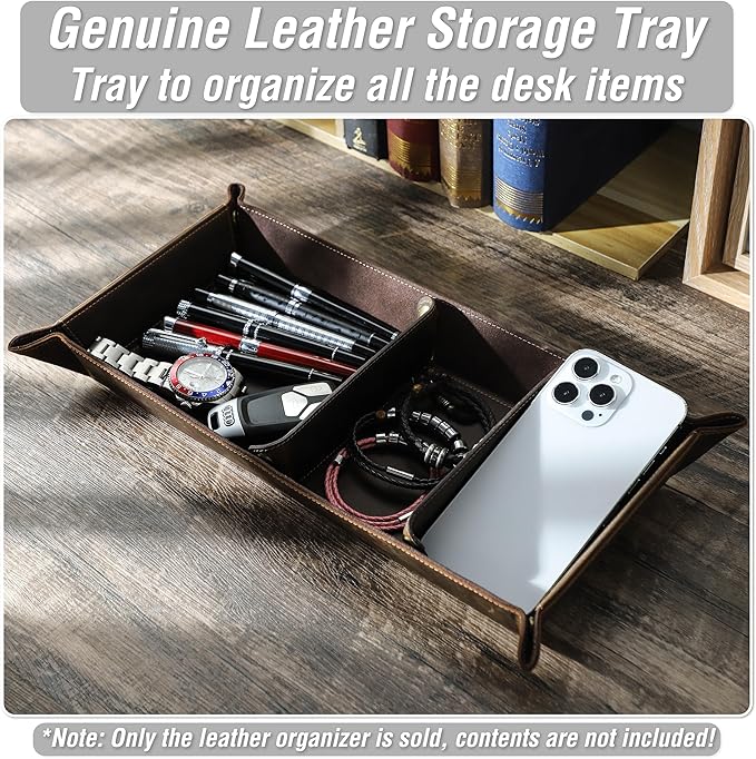 Top Grain Leather Desk Valet Tray Organizer for Man & Woman, Vintage Handmade, Foldable Flat Basket & 3 Compartments, Desk Catchall Holder for Wallet/Watches/Keys/Coins/Office Supplies, Coffee, Update