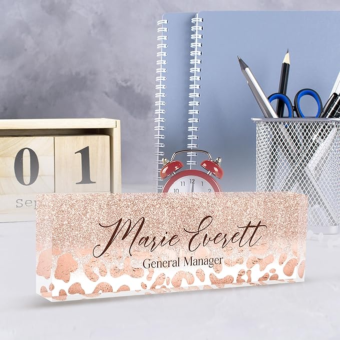 Custom Name Plate for Desk | Personalized Desk Name Plate | Personalized Boss Employee Appreciation Gifts | Acrylic Name Plate Office Desk Accessories (A-Rose Gold Leopard Print)