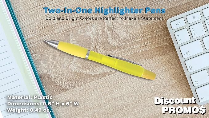 DISCOUNT PROMOS 10 Two in one Highlighter Pens Pack - Ballpoint, Silver Accents - Yellow