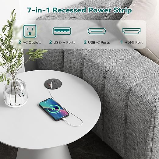 QBA Recessed Power Grommet with HDMI Port, 35W USB C Fast Charing, 3-inch Desk Power Outlet, 2 Outlets, 4 USB Ports, Flush Mount for Furniture Cabinet Home Office, ETL Listed