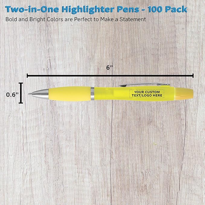 DISCOUNT PROMOS Personalized Two in one Highlighter Pens - 100 pack - Plastic Pens - Customizable Text, Logo - Yellow
