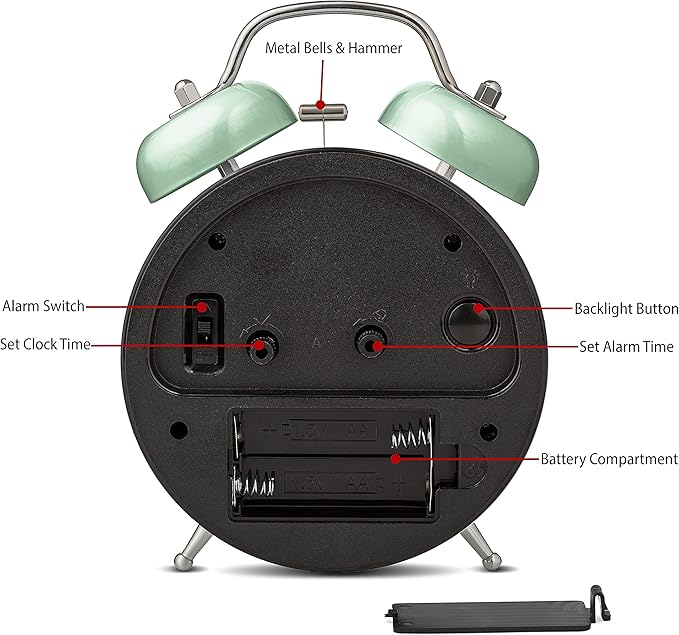 Bernhard Products Analog Alarm Clock 4" Twin Bell Green Silent Non-Ticking Quartz Battery Operated Extra Loud with Backlight for Bedside Table Vintage Retro Style, Decorative Desk Clocks (Pistachio)
