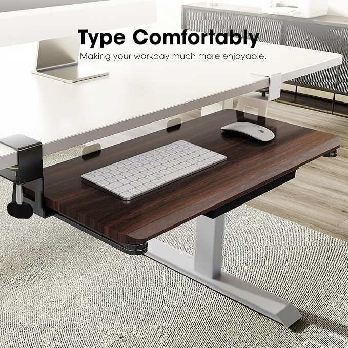 Fenge Keyboard Tray Under Desk, Pull Out Keyboard & Mouse Tray with C Clamp Mount, Sliding Keyboard Holder for Desk, 25.6 x 11.8 inch Large Slide-Out Platform Computer Drawer for Typing, Brown