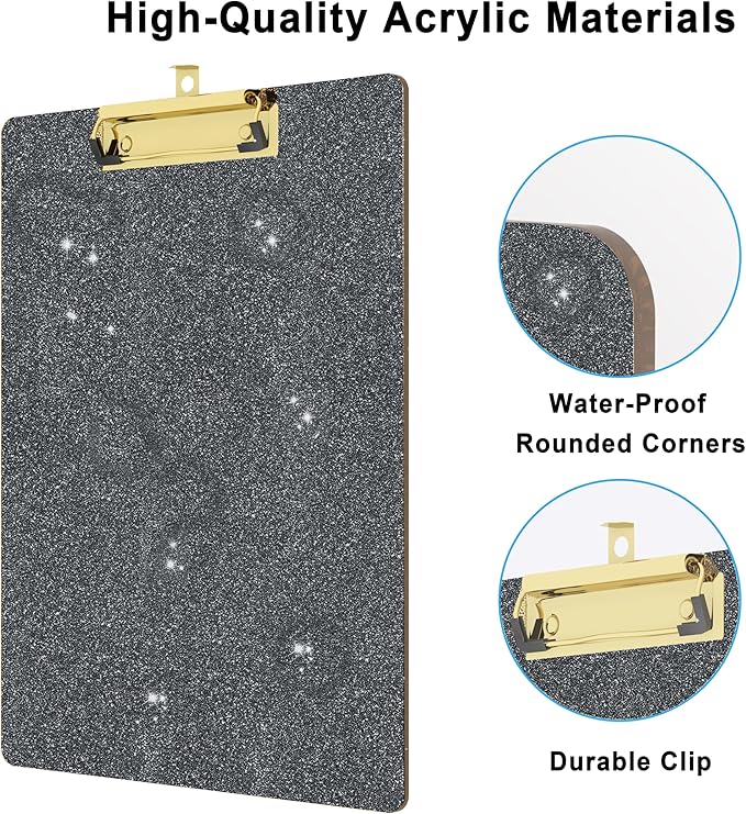 Glitter Acrylic Clipboard Decorative Standard A4 Letter Size 12.2" x 8.7", Fashion Bling Clip Boards with Designed Low Profile Gold Clip for Classroom Office - Black