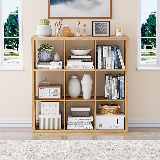 Cube Storage Organizer Bookcase, Decorative 11 inch Open Back Cubical Shelf with Thickened Border, Display Bookshelf for Living Room, Home Office, Sturdy Room (Natural Oak, 9 Cube)