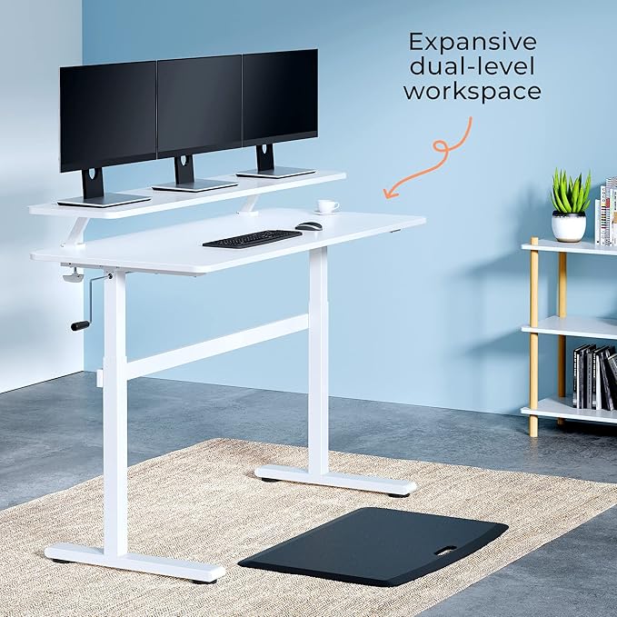Stand Steady Tranzendesk 55 Inch Standing Desk with Clamp-On Shelf | Crank Height Adjustable Stand Up Workstation with Attachable Monitor Riser | Extra Large Sit Stand Desk Hold 3 Monitors (White)