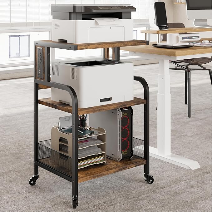 GarveeLife Printer Stand with Power Outlets, 3-Tier Rolling Printer Table with Lockable Wheels, Heavy Duty Printer Cart with Adjustable Shelves, Utility Storage Cart for Home, Office, Brown