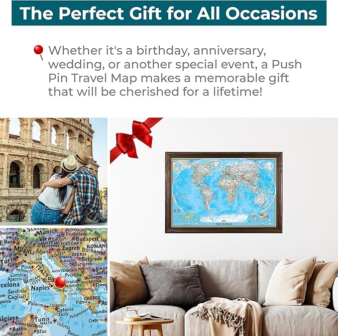 Canvas Classic World Map Pin Board – Framed Travel Map with Pins for Wall – Personalized Push Pin World Map for Tracking Journeys – 27.5" x 39.5" Solid Wood Brown Frame
