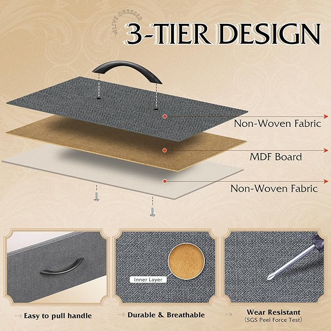 WLIVE 9-Drawer Dresser, Fabric Storage Tower for Bedroom, Hallway, Entryway, Closet, Tall Chest Organizer Unit with Fabric Bins, Steel Frame, Wood Top, Easy Pull Handle, Dark Grey