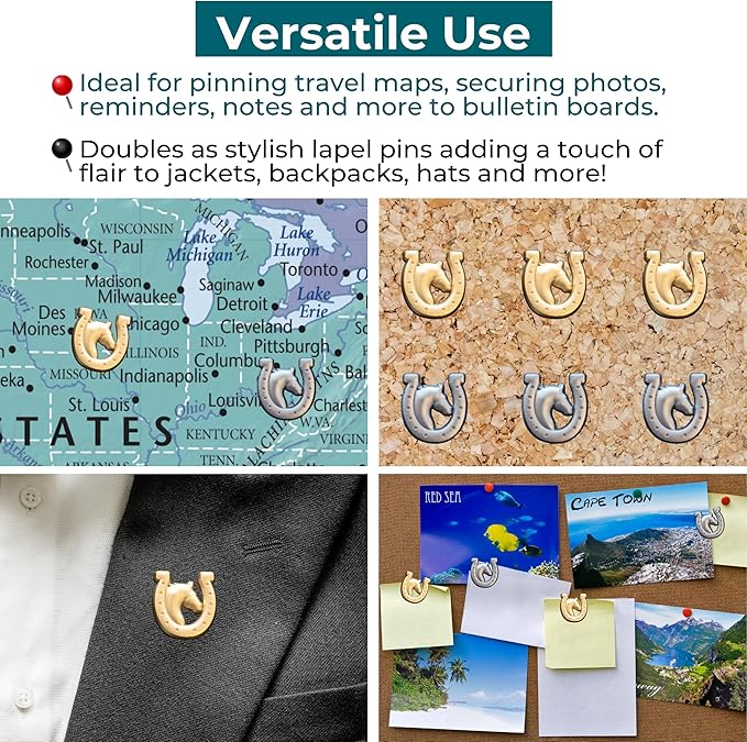 Horse and Horseshoe Pins - Gold Horse Map Pins for Cork Boards, Maps, or Lapel Use - Designed in USA - Set of 10