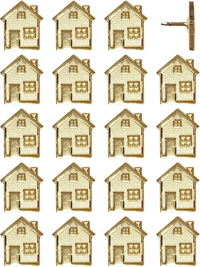 Big House Push Pins - Gold Metal Home Pins - for Cork Board, Maps, or Lapel Pin Use - Designed in USA - Set of 20