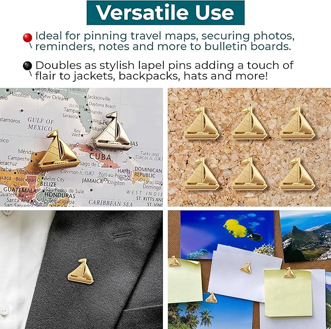 Sailboat Push Pins - Gold Sailing Pins - for Cork Board, Maps, or Lapel Pin Use - Designed in USA - Set of 10