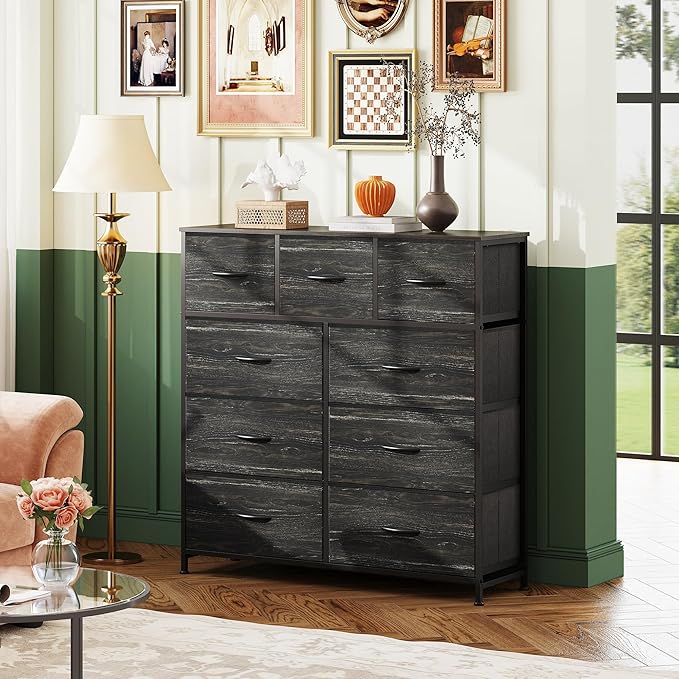 WLIVE 9-Drawer Dresser, Fabric Storage Tower for Bedroom, Entryway, Closet, Tall Chest Organizer Unit with Fabric Bins, Steel Frame, Wood Top, Easy Pull Handle, Charcoal Black Wood Grain Print