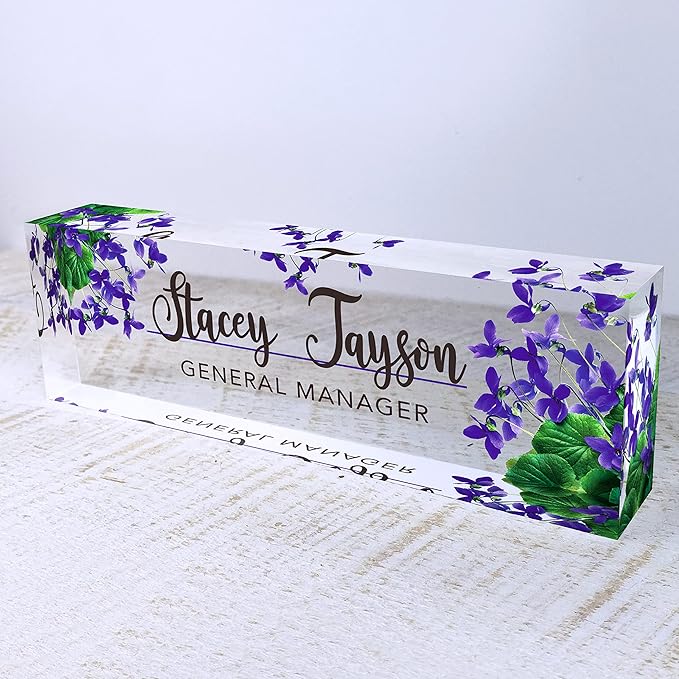 Artblox Personalized Name Plate For Desk | Violets Flowers Design On Clear Acrylic Glass | Custom Desk Name Plate Personalized With Your Name And Credentials For Teacher Phd Military Office Name Plate