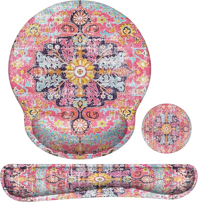 iLeadon Ergonomic Mouse Pad Set with Wrist Rest, Boho Design, Easy Typing & Pain Relief, Non-Slip Base for Home, Fuchsia