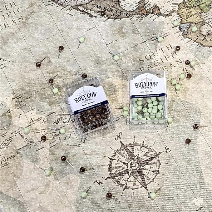 HolyCowCanvas Personalized Push Pin World Map on Canvas in Vintage Earth Tones, Customize with Your Names and Quote to Track Travels, World Map Pin Board, Travel Tracker (48x30, Rolled/Unframed)