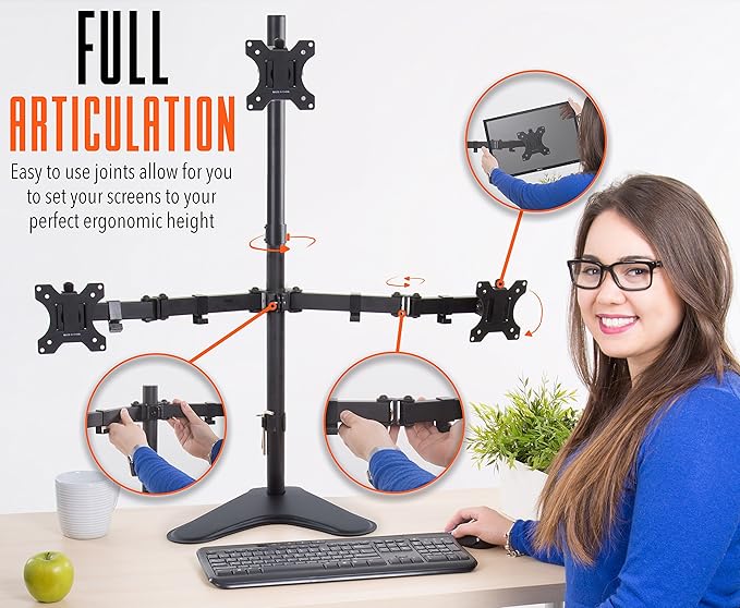 Stand Steady Triple Monitor Desk Stand with Tabletop Base, for Home or Office Use, Height Adjustable Computer Monitor Stand with Full Articulation VESA Mounts, Fits Most LCD/LED Monitors 13-32 Inches