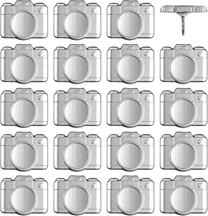 Camera Push Pins - Silver Metal Camera Pins - for Cork Board, Maps, or Lapel Pin Use - Designed in USA - Set of 20