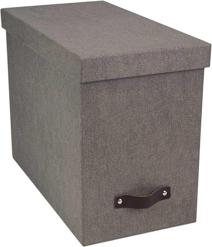 Bigso John Desktop File Box - Storage Solution and Document Organizer for Important Paperwork - Durable Hanging File Box with a Lid and Leather Handle - 7.36 in x 13.26 in x 10.51 in - Grey