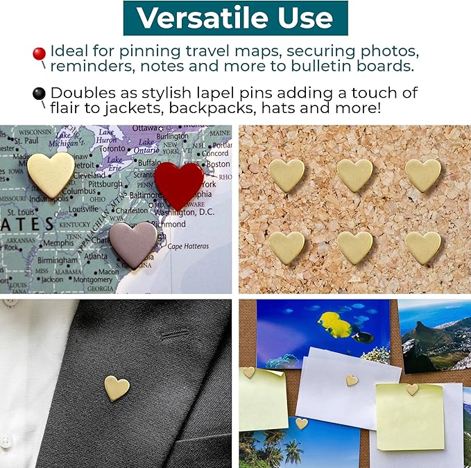 Big Gold Heart Push Pins - Large Gold Metal Heart Map Pins - for Cork Board, Maps, or Lapel Pin Use - Designed in USA - Set of 4