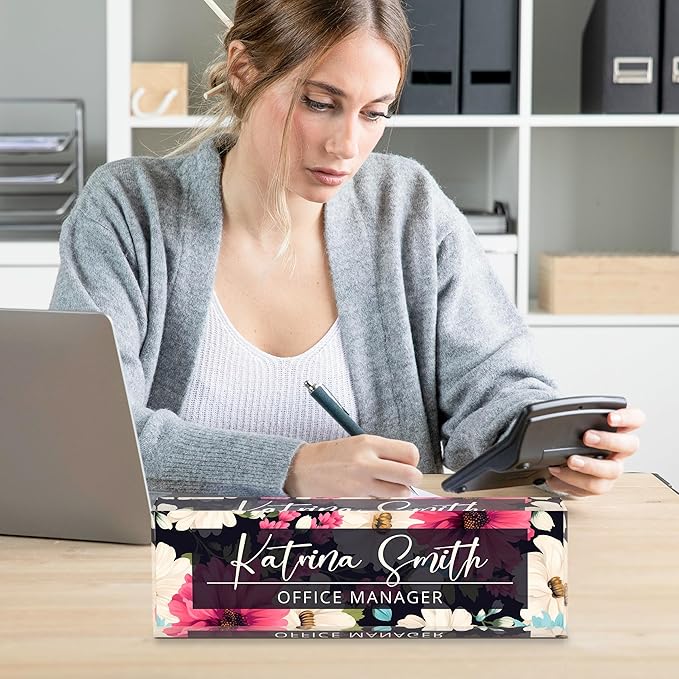 Personalized Name Plate for Desk, Custom Desk Name Plate, Acrylic Name Plate Office Desk Accessories, Personalized Office Gifts for Coworkers Teachers, Employee Appreciation Gifts (C-Dark Floral)