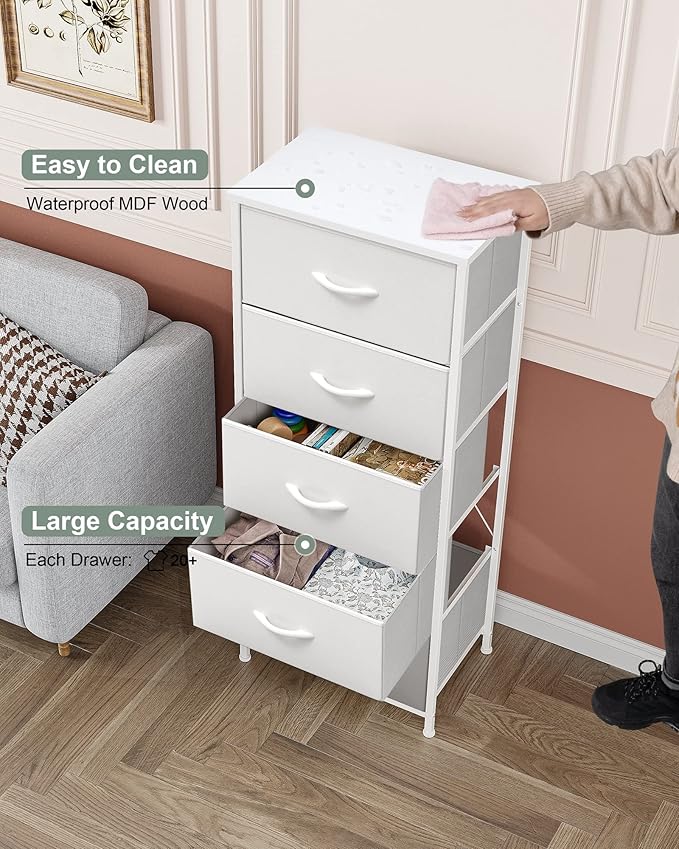 Crestlive Products Tall Dresser Vertical Storage Tower - Sturdy Steel Frame, Wood Top, Easy Pull Fabric Bins - Organizer Unit for Bedroom, Hallway, Entryway, Closets - 5 Drawers(White)